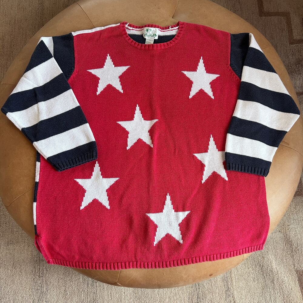 Vintage Knit Americana Star Strip Sweater Patriotic USA Cotton Red July 4th‎ 2X